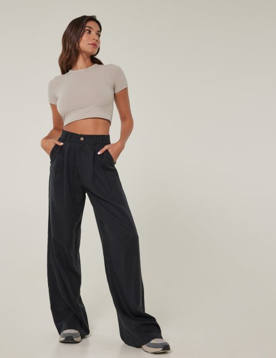 Γυναικείο παντελόνι ψηλόμεσο με διπλές πιέτες και τσέπη