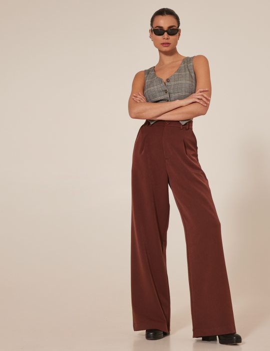 Γυναικείο παντελόνι ψηλόμεσο με ριχτό φαρδύ μπατζάκι και πιέτες