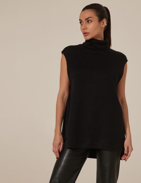 Γυναικεία μπλούζα γιλέκο με όρθιο λαιμό πλεκτό αμάνικο μακρύ