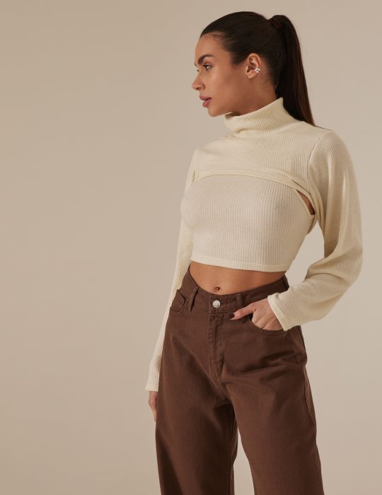 Γυναικείο κροπ τοπ μπλουζάκι με ζιβάγκο πλεκτό και μακρύ μανίκι