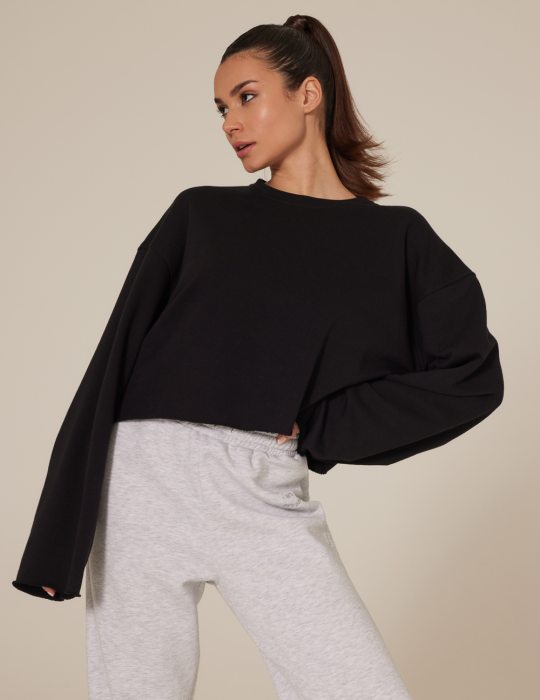 Γυναικεία μπλούζα μακρυμάνικη φούτερ κοντή με φαρδύ μανίκι