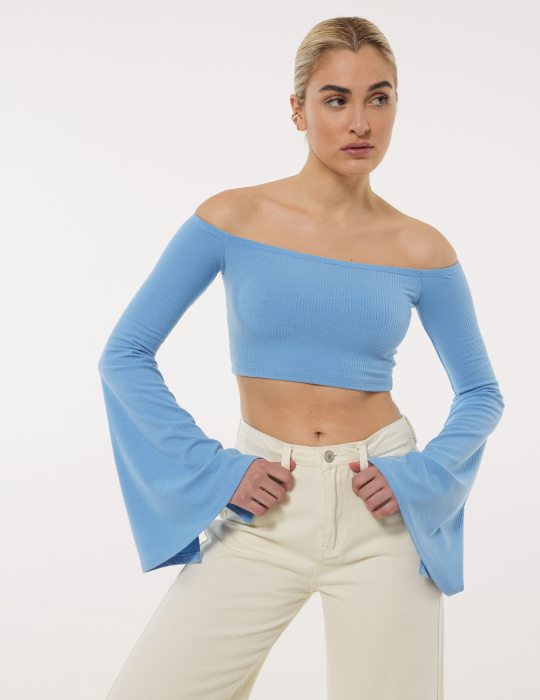 Γυναικεία ριπ κοντή μπλούζα με ακάλυπτους ώμους μανίκι καμπάνα εφαρμοστή
