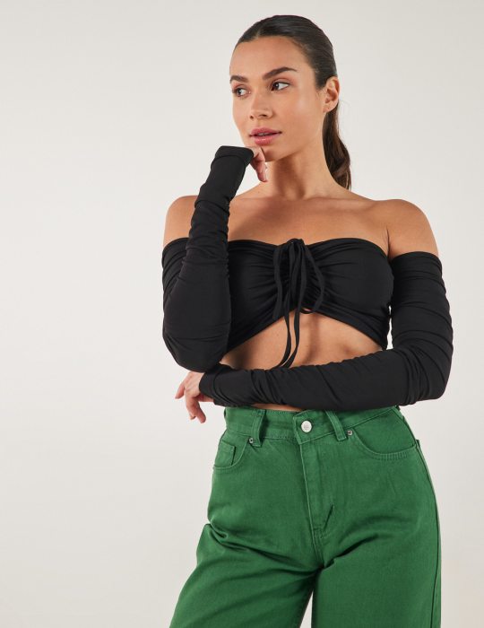 Γυναικεία κοντή μακρυμάνικη μπλούζα με σούρες