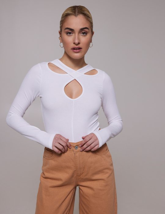 Γυναικεία εφαρμοστή ριπ μακρυμάνικη μπλούζα με ανοίγματα μπροστά