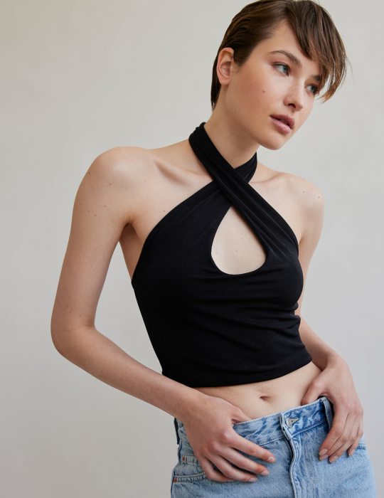 Γυναικεία halter κοντή μπλούζα εφαρμοστή ελαστική