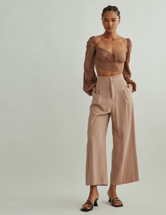 Γυναικείο ψηλόμεσο υφασμάτινο παντελόνι ζιπ-κιλότ casual με πιέτες