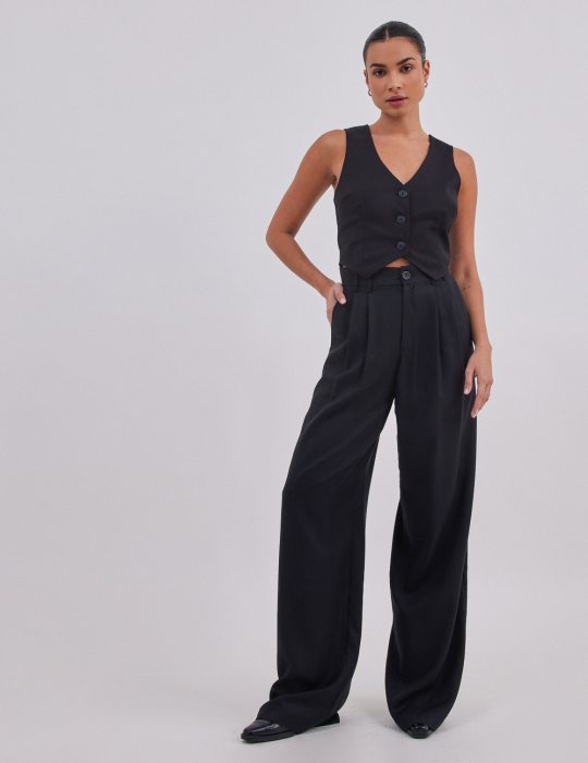 Γυναικείο full-length παντελόνι υφασμάτινο ίσιο φαρδύ με τσέπες