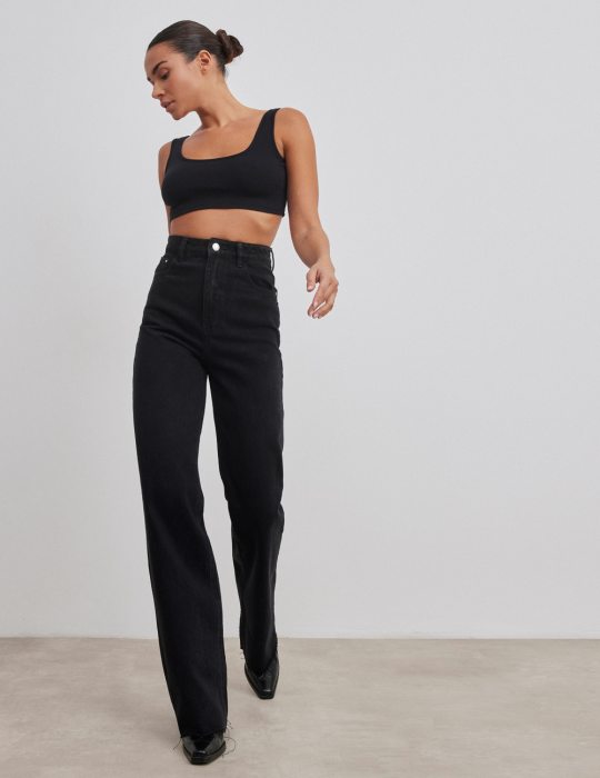 Γυναικείο μαύρο τζιν παντελόνι ίσιο