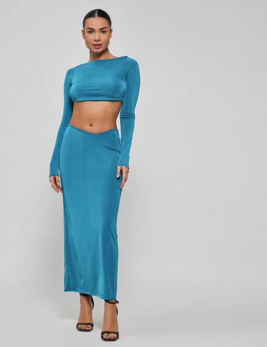 Midi φούστα ριχτή ελαστική με ασύμμετρη μέση