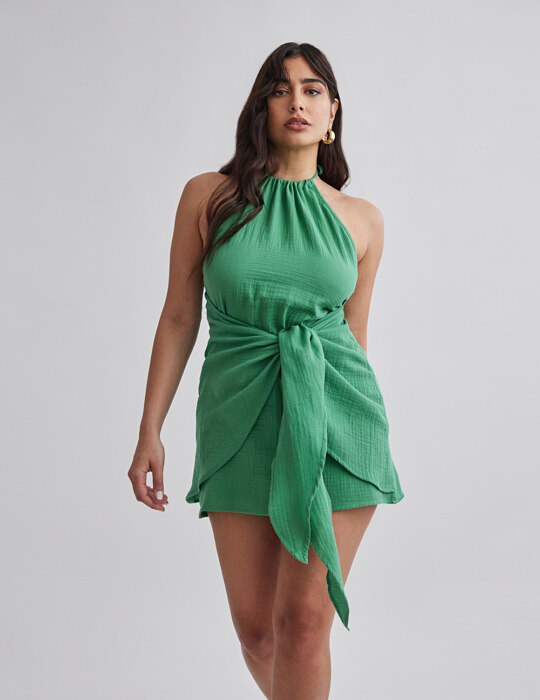 Μίνι πράσινο φόρεμα με κόμπο