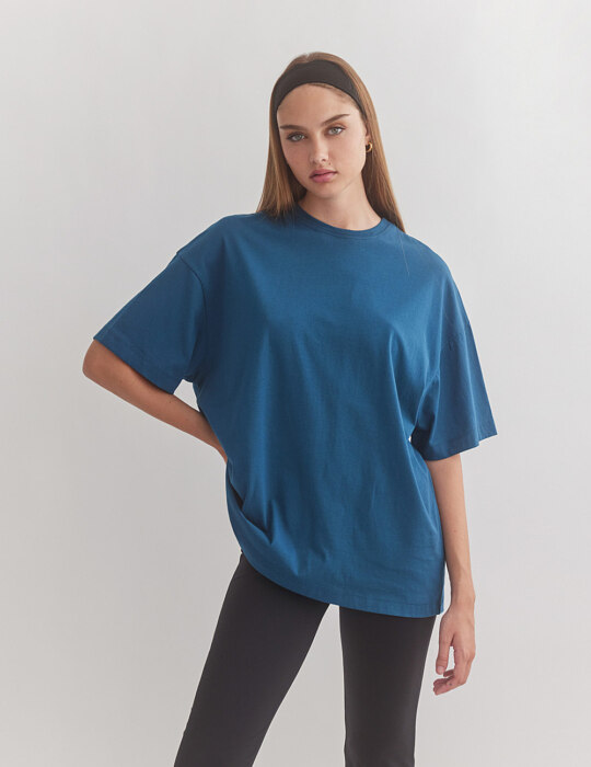 Μπλε ραφ βαμβακερή κοντομάνικη μπλούζα oversized