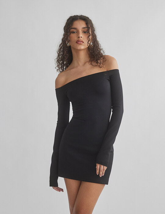 Μαύρο μακρυμάνικο μίνι φόρεμα off-shoulder