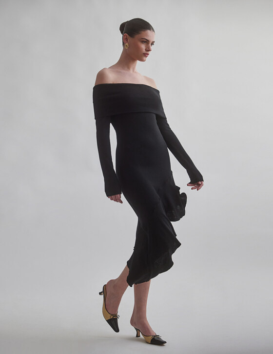 Knit off-shoulder asymmetric dress | MINDYOURSTYLE
