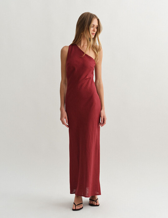 Λινό μακρύ φόρεμα με ανοιχτή πλάτη one-shoulder