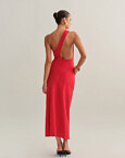 Λινό μακρύ φόρεμα με ανοιχτή πλάτη one-shoulder