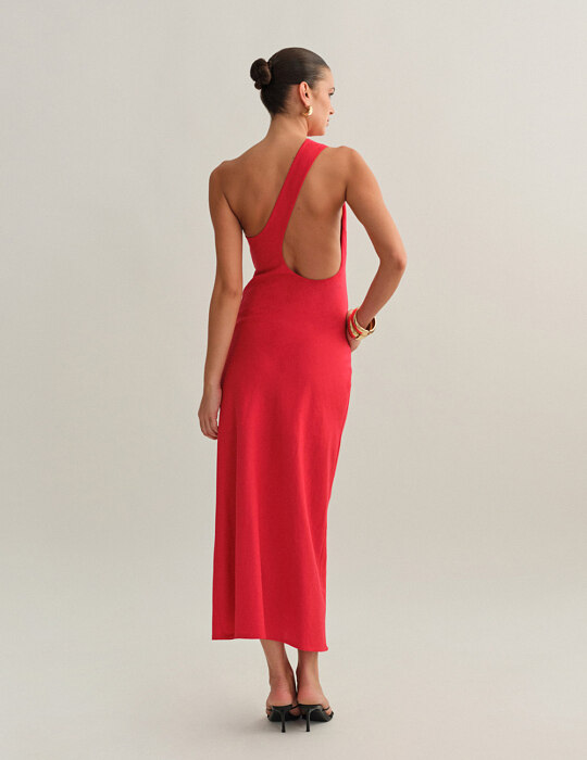 Λινό μακρύ φόρεμα με ανοιχτή πλάτη one-shoulder