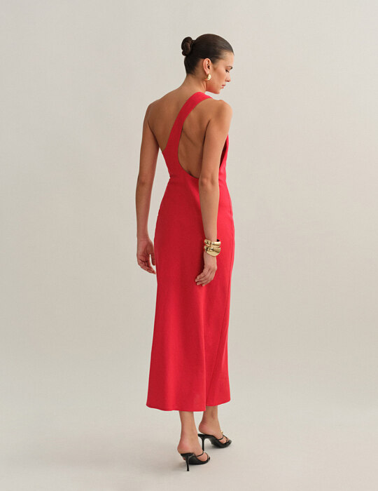 Λινό μακρύ φόρεμα με ανοιχτή πλάτη one-shoulder