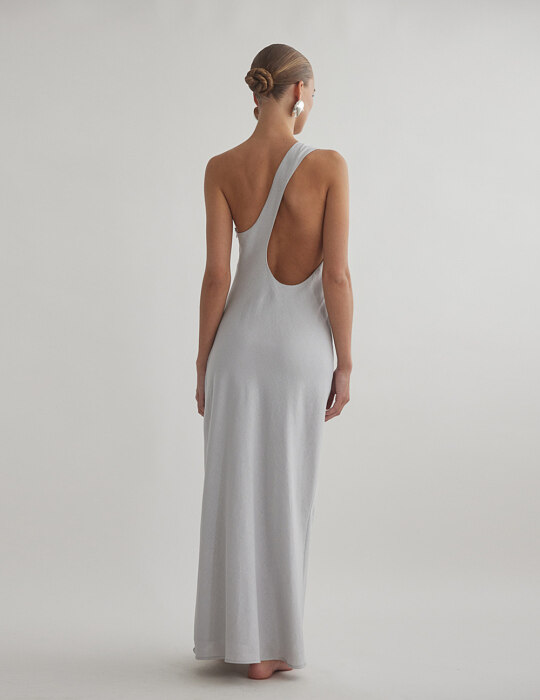 Λινό μακρύ φόρεμα με ανοιχτή πλάτη one-shoulder