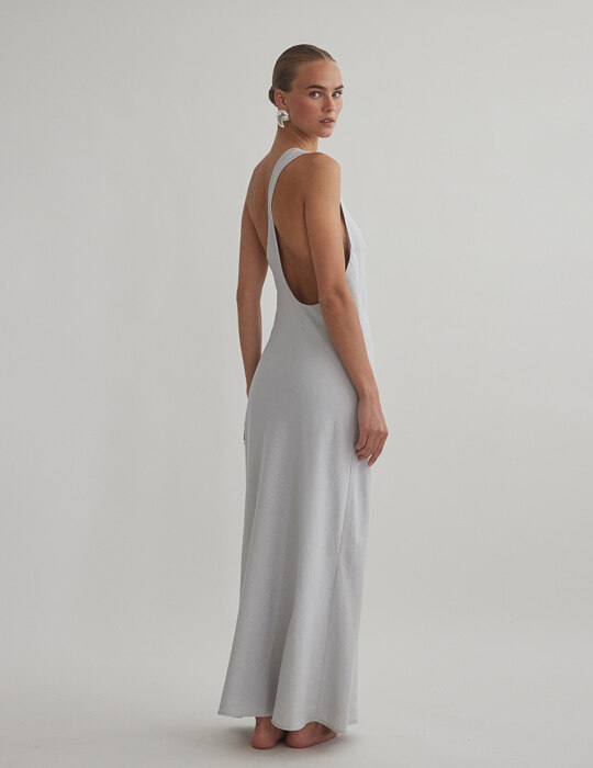 Λινό μακρύ φόρεμα με ανοιχτή πλάτη one-shoulder