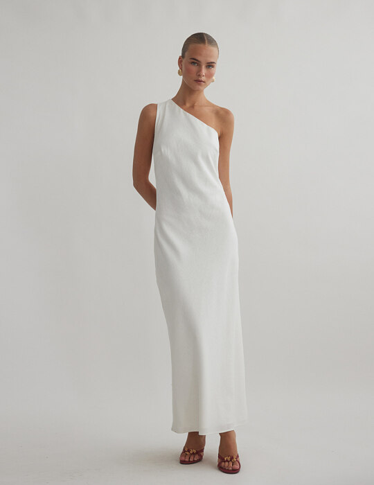 Λινό μακρύ φόρεμα με ανοιχτή πλάτη one-shoulder