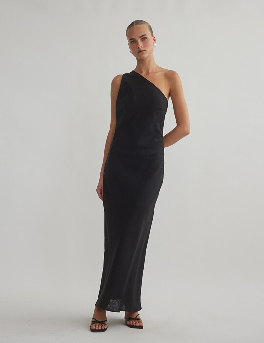 Λινό μακρύ φόρεμα με ανοιχτή πλάτη one-shoulder