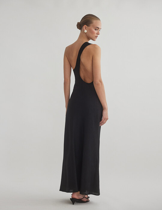Λινό μακρύ φόρεμα με ανοιχτή πλάτη one-shoulder