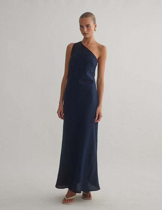 Λινό μακρύ φόρεμα με ανοιχτή πλάτη one-shoulder
