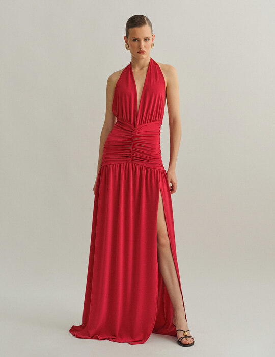Maxi halter φόρεμα με σούρες