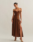Off-shoulder λινό midi φόρεμα