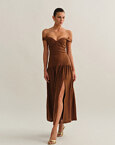 Off-shoulder λινό midi φόρεμα