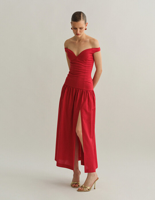 Off-shoulder λινό midi φόρεμα