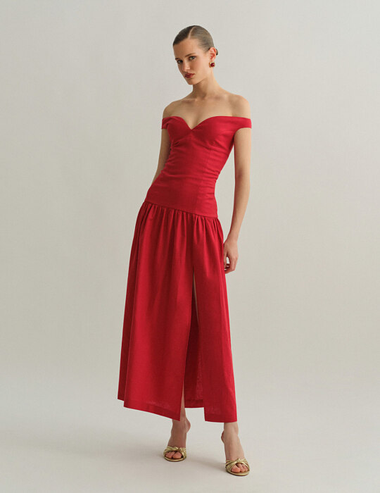 Off-shoulder λινό midi φόρεμα