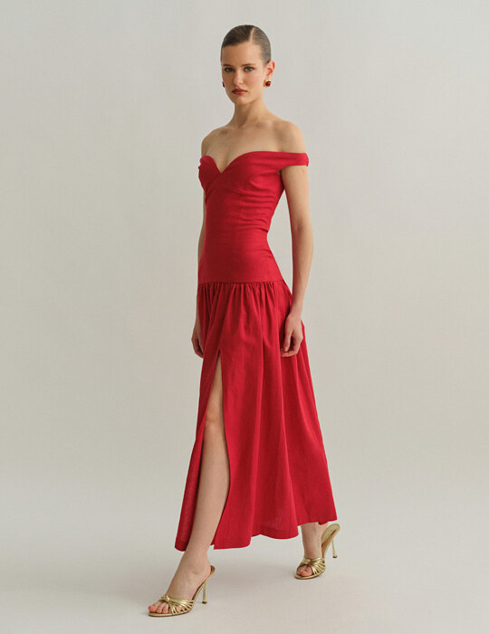 Off-shoulder λινό midi φόρεμα