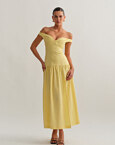 Off-shoulder λινό midi φόρεμα