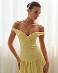Off-shoulder λινό midi φόρεμα