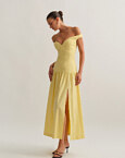 Off-shoulder λινό midi φόρεμα