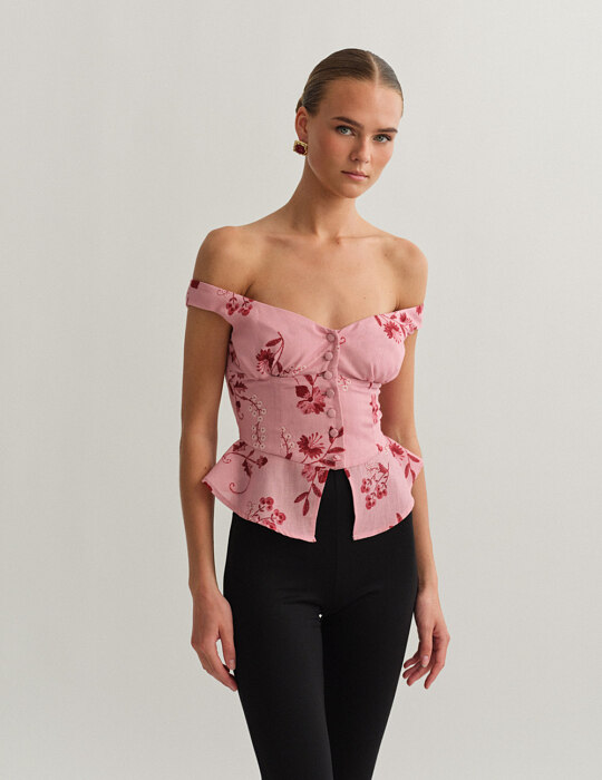 Off-shoulder λινό εμπριμέ τοπ