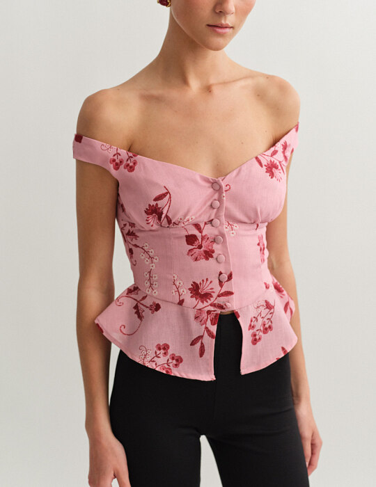Off-shoulder λινό εμπριμέ τοπ