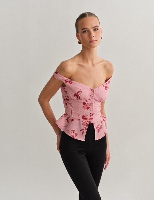 Off-shoulder λινό εμπριμέ τοπ
