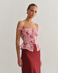 Off-shoulder λινό εμπριμέ τοπ