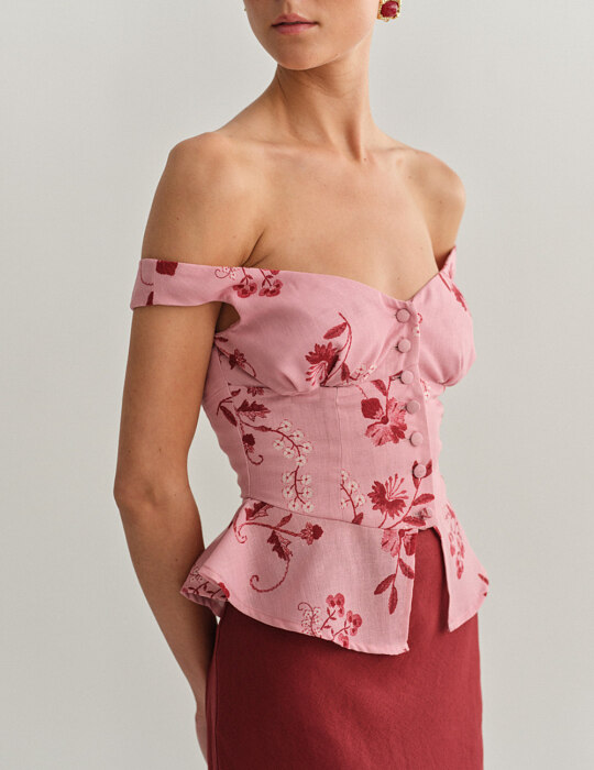 Off-shoulder λινό εμπριμέ τοπ