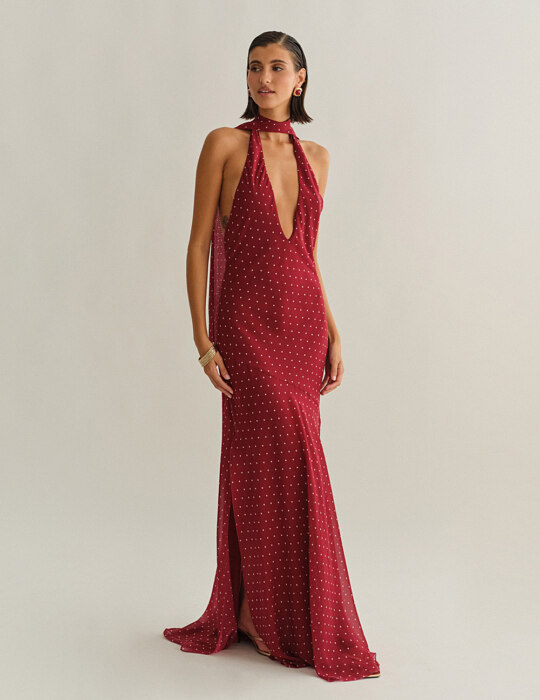 Polka dots maxi halter φόρεμα